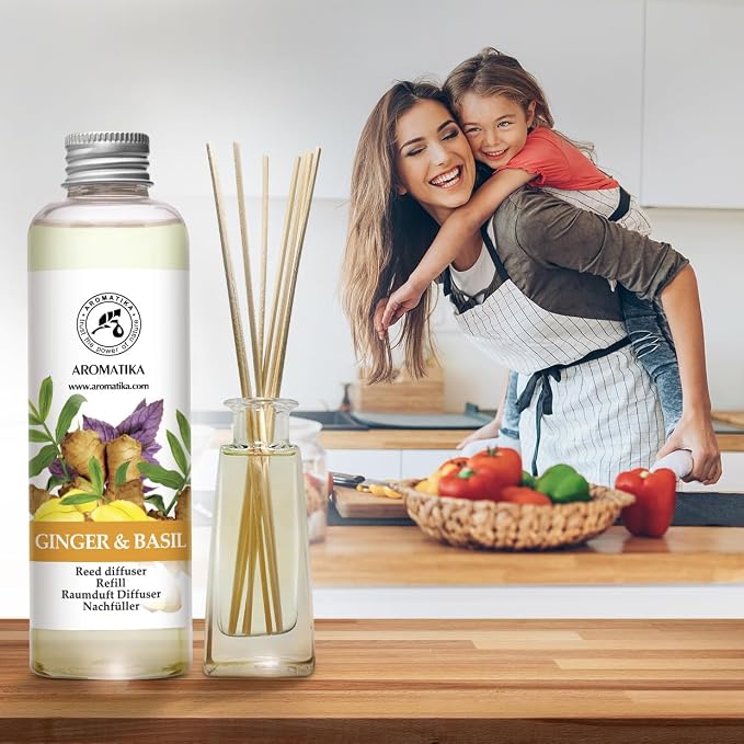 Reed Diffuser Refill Ginger & Basil 6.8 Fl Oz - Aroma Diffuser with Essential Ginger Oil - Fragrance Diffuser - Spicy and Fresh Fragrance - Natural Fragrance - Aromatherapy - Air Freshener