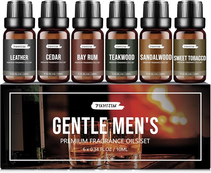 FUHITIM Fragrance Oil Gentlemen's Set, Scented Oil for Candle Scents for Candle Making, Soap Making Scents, Diffuser Oils Scents | Leather, Sweet Tobacco, Teakwood, Bay Rum, Cedar, Sandalwood (6*10ML)