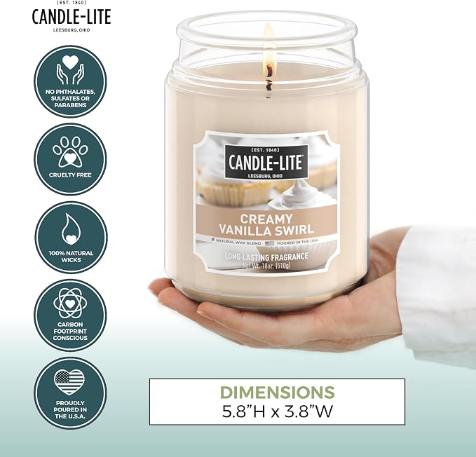 Candle-lite Fall Scented Candles, Creamy Vanilla Swirl, 18 oz Jar, Proudly Poured in The USA, Aromatherapy Candle, Single-Wick with 110 Hours of Burn Time, Perfect for Creating a Relaxing Ambiance