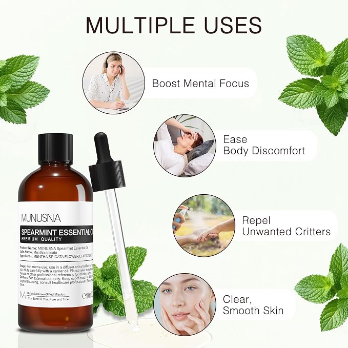Spearmint Essential Oil 100ML, 100% Pure Spearmint Oil Aromatherapy Oil for Diffuser, Skin Hair Care, Massage, Yoga, Home, Soap and Candle Making