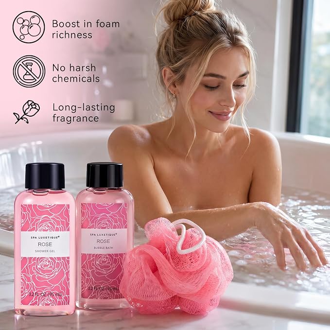 Spa Luxetique Gifts for Women, 6 Pcs Rose Spa Gift for Women, Womens Gift Set with Bubble Bath, Birthday Christmas Anniversary Valentine's Day Gifts
