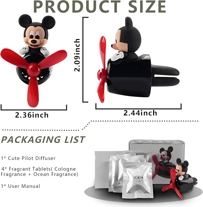 2Pcs Car Air Fresheners Cute Cartoon Mouse Pilot Men Women Car Perfume Rotating Propeller Automotive Air Outlet Fan Creative Diffuser Car Decoration (M.ickey+M.innie)