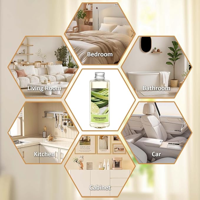 STRN Reed Diffuser Essential Oil Refill, Lemongrass Scent 200ml with Sticks, Long-Lasting Aromatherapy, Summer Fragrance Liquid with Eco-Friendly Bottle for Home, Bedroom, Spa