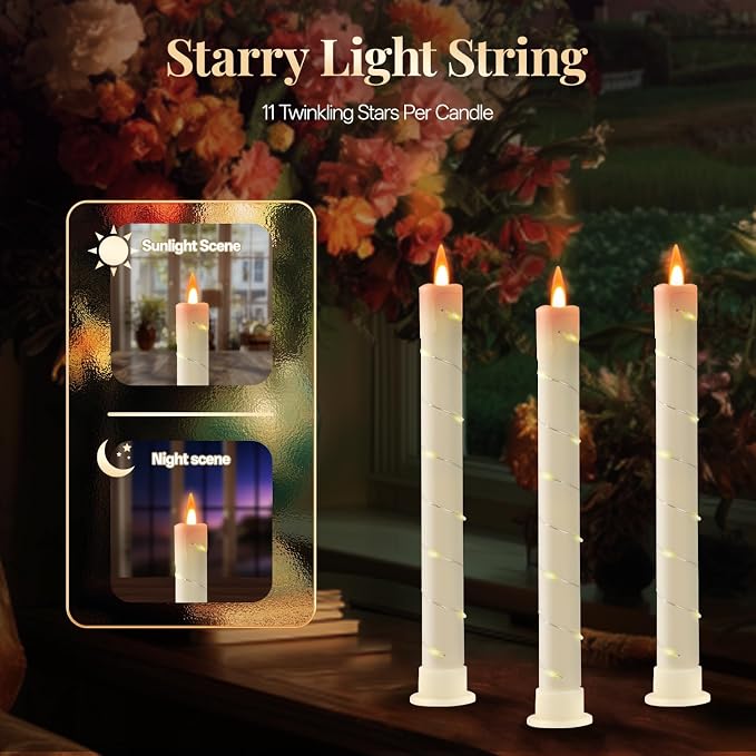 6 Pcs Flameless Taper Candles, Battery Taper Candles Flickering Flame with Embedded Star String, Outdoor Candle Sticks, Timer Function Ideal for Weddings, Anniversaries, Birthday Party(Ivory)