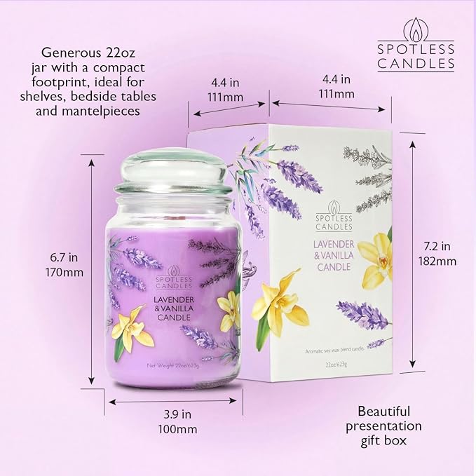 Spotless Leopard Vanilla & Lavender Candle 22oz Glass Jar with Wooden Wick in a Decorated Jar Within a Presentation Gift Box and Protective Shipping Box