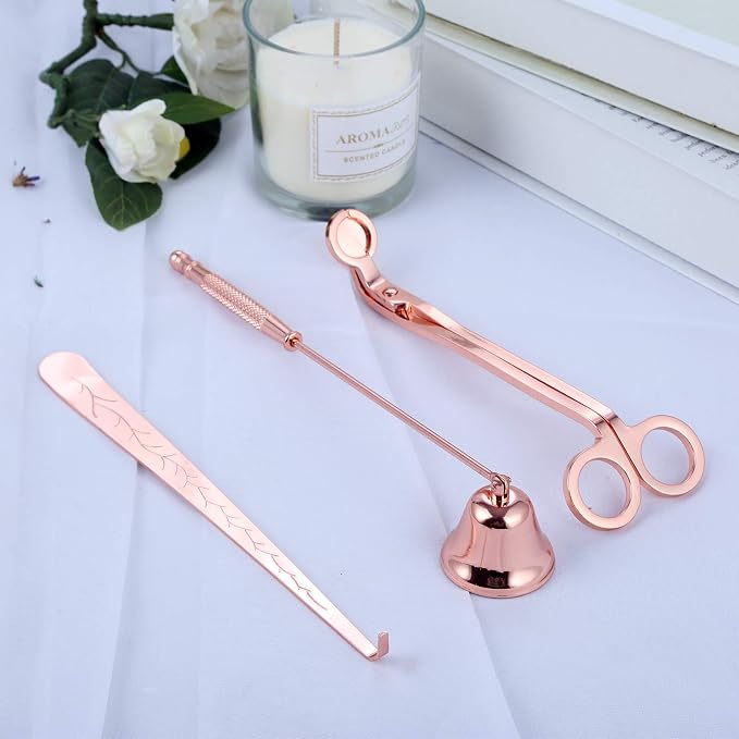 MUXSAM 3 in 1 Candle Tools Candle Accessory Set - Candle Snuffer, Candle Wick Trimmer, Candle Wick Dipper - Candle Cutter Candle Maintenance Kit Gift for Candle Lover(Rose Gold)