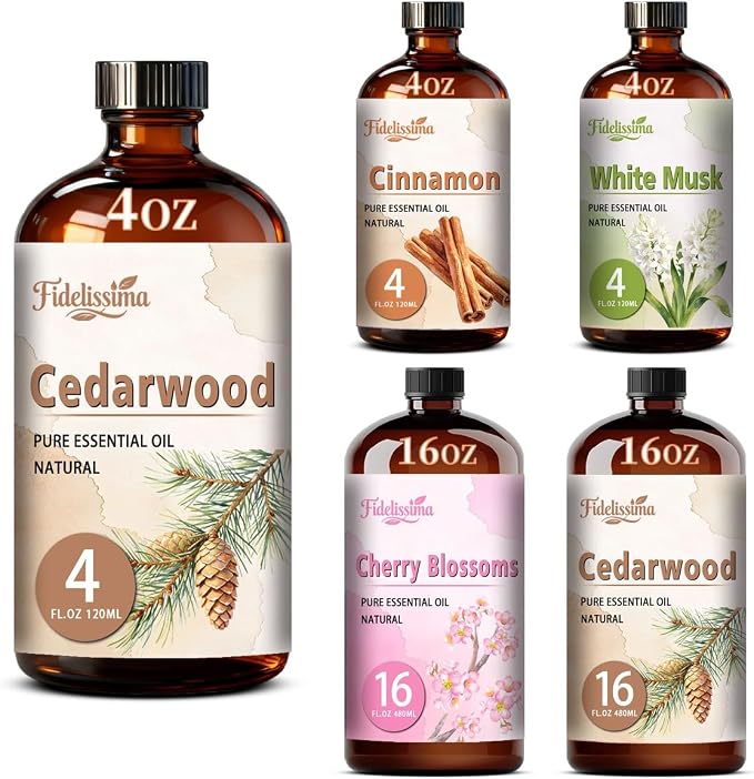 Fidelissima Natural Essential Oil Set,5 Scents Gift Kit –Cedarwood,Cinnamon,White Musk,Cherry Blossomm,Cedarwood,Fragrance Oil for Diffuser,Candle Soap Making,Personal Care with Glass Dropper