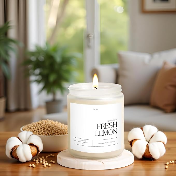 Fresh Lemon Highly Scented Candle for Home, 9oz Natural Soy Aromatherapy Non Toxic Candles with Essential Oil, Home Fragrance Stress Relief & Meditation Jar Candles Gifts for Women & Men, White