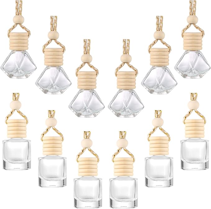 Patelai 12 Pcs 8ml Hanging Car Air Freshener Diffuser Bottle Empty Clear Glass Essential Perfume Oil Aromatherapy Fragrance Perfume Pendant Glass Bottle Decor with Wooden Caps(Classic Style)