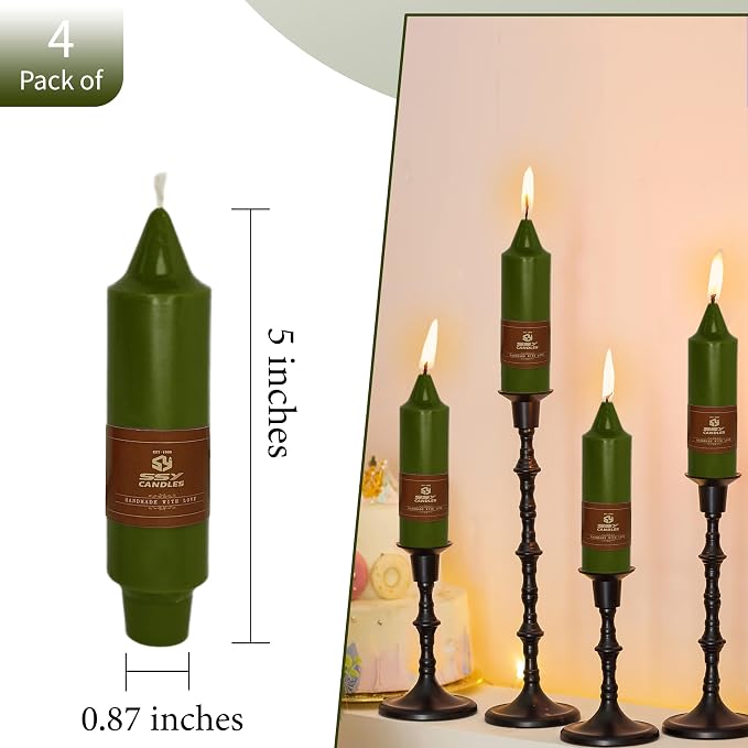 5 inch Short Candle Olive Green Unscented Candles 4 Pack Tapered Candle Ideal as Dinner Candles Smokeless Long Burning Candlesticks for Weddings Dinner Party Home Decor
