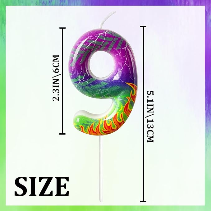 Number 9 Birthday Candle for Cake – Purple Green Flame Design with Lightning & Tire Track Pattern – Off-Road Truck Theme Cake Topper for Birthday Party Decoration