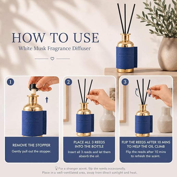 Reed Diffuser Set, White Musk / 2.7oz / Reed Diffusers for Home Fragrance – Natural Essential Oil Blend for Small Bathroom Decor, Aromatherapy Gift