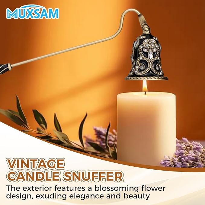 MUXSAM Vintage Candle Snuffer, Candle Extinguisher with Long Handle, Metal Wick Flame Snuffer for Putting Out Candle Flame Safely, Floral Candle Snuffers Accessory for Candle Lovers, Black