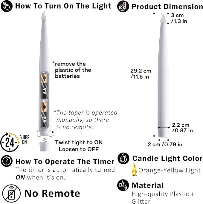 FURORA LIGHTING Black Glitter LED Taper Candles, 4-Pack, 6/18 Timer, Batteries Included