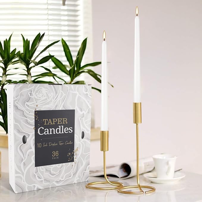 YOROXRG 36 Pack White Taper Candles, 7-8 Hours Burn Time, Unscented, Smokeless and Dripless, 0.8 x 10 Inch Dinner Candle Set for Household, Wedding, Party and Home Décor Candlesticks