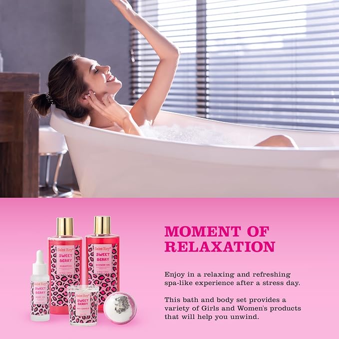 Home Spa Self Care, Bath and Body Spa Gift Basket for Women, Shower Bath Spa Sweet Berry Bath Sets for Teens Gift| Relaxing Care Kit Christmas Mothers Day Gifts for Mom Gift Baskets for Anniversary