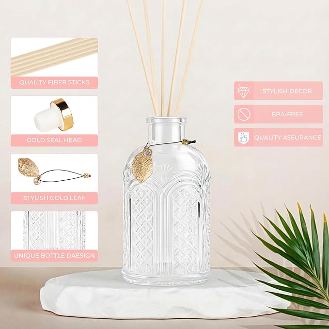 Glass Reed Diffusers Bottles for Home, Diffuser Bottles with 20PCS Reed Diffuser Sticks, Vintage Embossed Apothecary Style Flower Bud Vases with Cork Lids, Set of 3