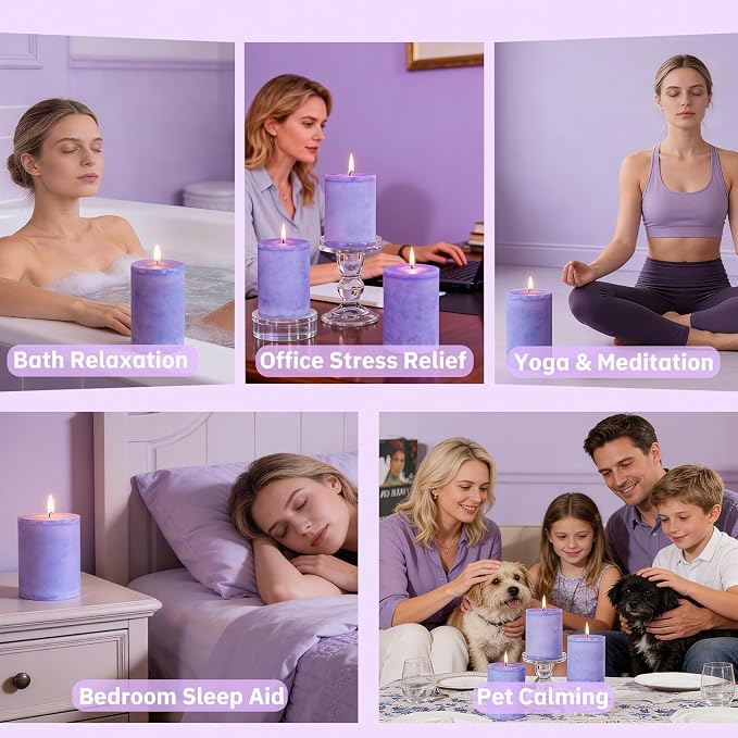 4 Pack Lavender Scented Pillar Candles-2.8x4 in Purple Decorative Candles,60-Hour Long Lasting Burn,Handmade Rustic Pillar Candles for Home Fragrance,Stress Relief, Home Spa & Meditation