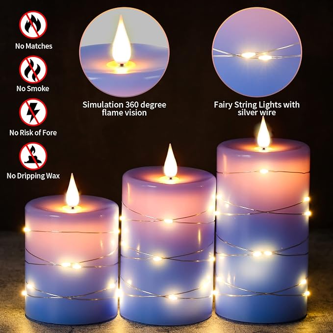 Upinmz Flickering Flameless Candles with Embedded String Lights, Battery Operated Candles with Remote Control and Timer,LED Candles for Home Decoration,Real Wax, 3 Pack Blue