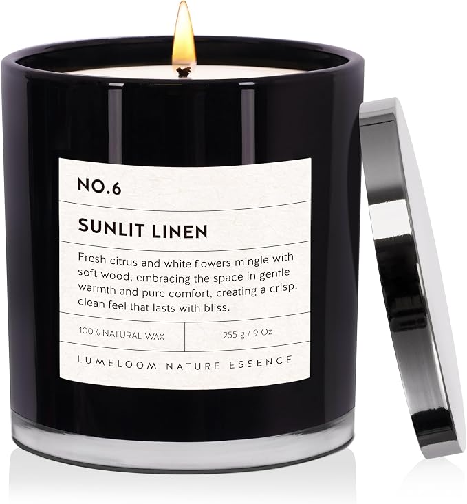 Sunlit Linen Luxury Scented Candles, 9oz Soy Wax Candles for Home Scented, Linen, Jasmine, White Lemon, Wood Scent, Long Burning Time, Gifts for Women, Friends, Men, Sister, Housewarming