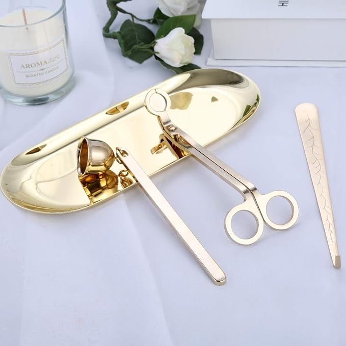 MUXSAM 4 in 1 Candle Accessory Set - Wick Trimmer, Snuffer, Dipper, Storage Tray Plate - Care Tools Gifts for Candle Lovers (Gold)
