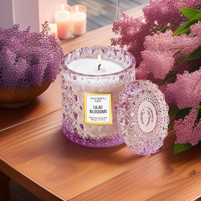Lilac Blossoms Scented Candle, Highly Floral Fragranced Candle, Natural Soy Wax Candle Gift, Candles Gifts for Women, 55 Hours Long Burning, Home Decorative, 8.1 oz