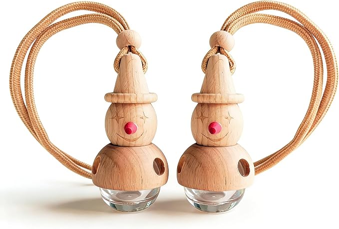 2 Pack Snowman Hanging Glass Car Diffuser Empty Oil Bottles | Wood lids & matching droppers, refillable bottles for car closet bathroom indoor aroma decor gifts