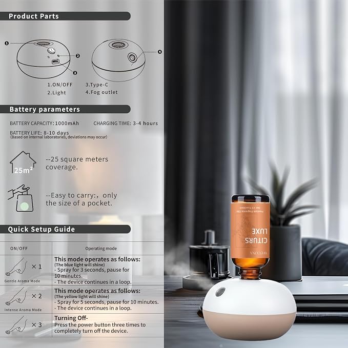 Waterless Rechargeable Scent Diffuser – Hotel Collection Diffuser Set with 6 Hotel Essential Oils – Two Intensity Modes – Home & Office Fragrance Machine