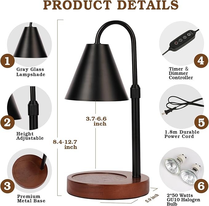 Candle Warmer Lamp with Timer Dimmable,Mothers Day Birthday Gifts for Women Mom, Adiustable Height Modern Candle Warmer Black Candle Lamp for Jar Candle, Home Decor Vintage Wax Warmer with 2 Bulbs
