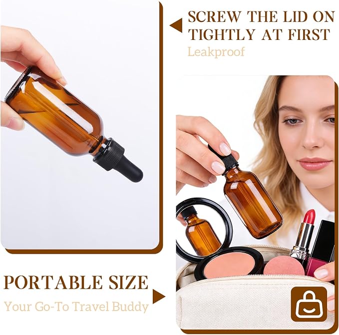 STAERSIDE 48-Pack 2 oz Amber Glass Dropper Bottles, Leakproof & Durable for Essential Oils & Craft Use, Complete Kit with Funnel, Brush, Labels, Extra Droppers & Measuring Cup