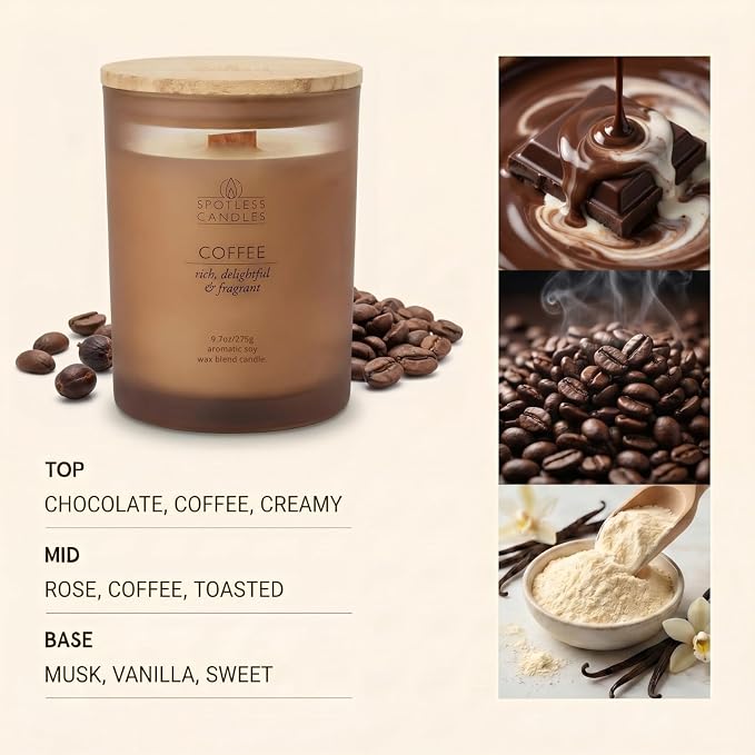 Coffee Candle; 9.7oz, 55 Hrs Burn Time, Soy Wax Brown Frosted Jar with Crackling Wooden Wick & Luxury Gift Box with Gold Foil Strip: Coffee Scented Candle by Spotless Candles