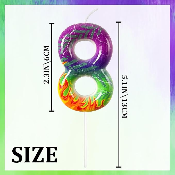 Number 8 Birthday Candle for Cake – Purple Green Flame Design with Lightning & Tire Track Pattern – Off-Road Truck Theme Cake Topper for Birthday Party Decoration