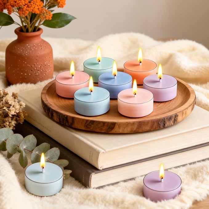 Colored Scented Tealight Candles, 16 Pack Soy Wax Colorful Tea Lights in 4 Scents for Home Decor, Relaxation & Gifts | Long-Lasting | Cedar, Amber Sandalwood, Lavender, Fig & Patchouli