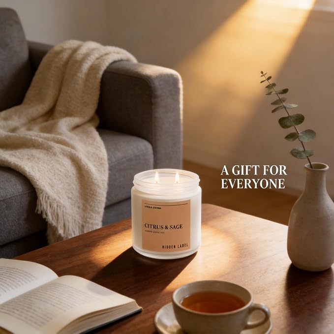 Hidden Label Citrus Sage Soy Candle, 12oz 2-Wick, 70H Focus & Calm | Non-Toxic Natural Wax, Paraben & Phthalate-Free, Clean Burn | Elegant Decor & Gift-Ready | Productivity & Stress Relief