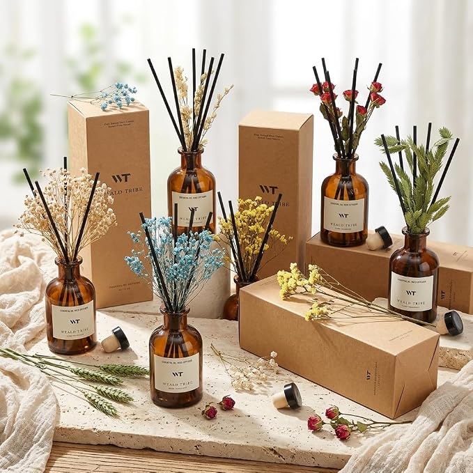 WEALD TRIBE Flower Reed Diffuser Set Ocean Mist & Sea Salt Scent for Bathroom Air Fresheners | 4.0 fl oz Essential Oils with Sticks Home Fragrance Defusers | House Bedroom Office Shelf Decor & Gift