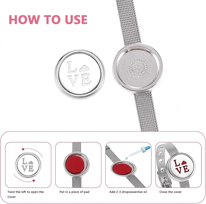 Essential Oil Diffuser Bracelet Aromatherapy Locket Adjustable Stainless Steel Love Watch Chain Bracelet with 10 Pcs Refill Pads for Women