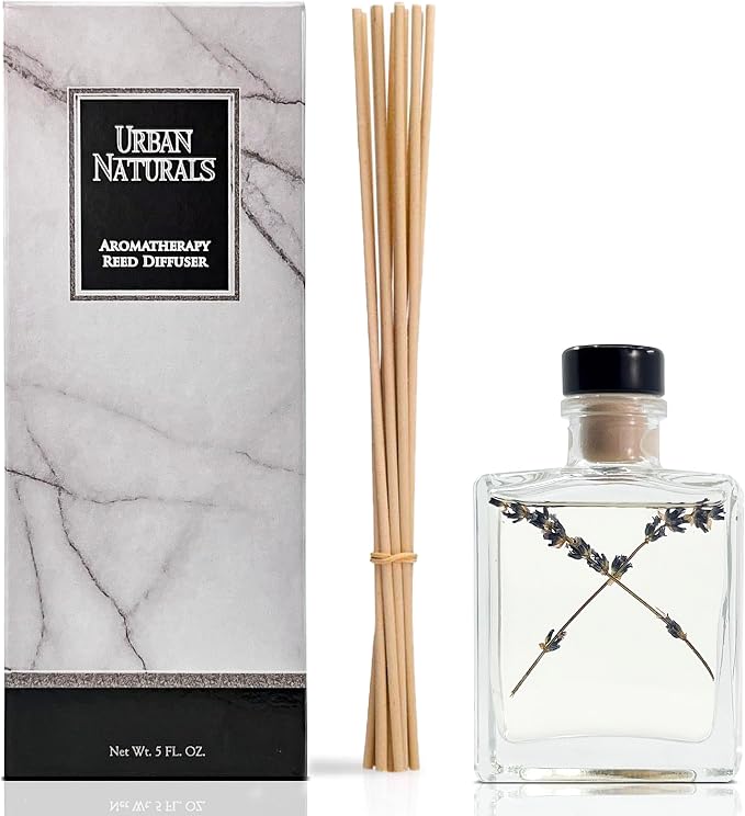 Urban Naturals Lavender Fields Oil Essential Oil Reed Diffuser Set with Real Lavender! French Blossoms, Geranium & Clary Sage – Sleek Rectangular Refillable Glass Bottle – Made in the USA