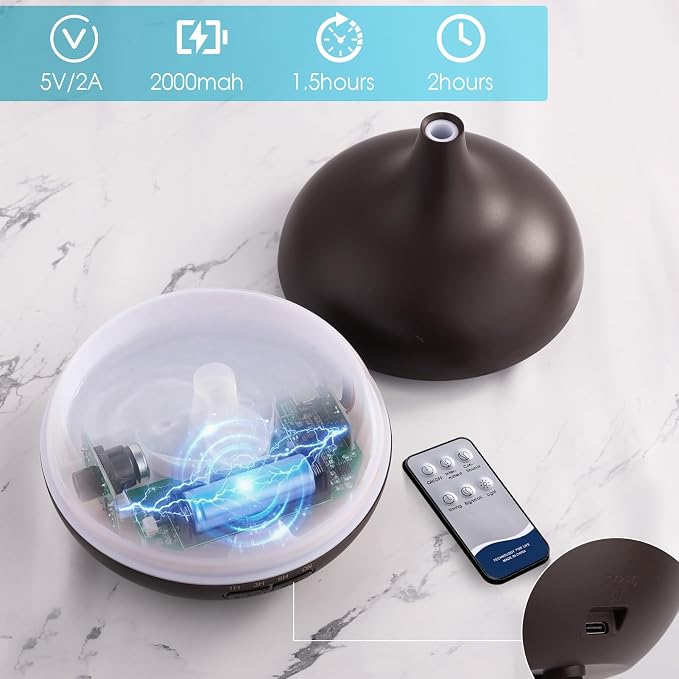 Rechargeable Diffuser for Essential Oils,Battery Operated Humidifier | Remote control,450ml,7 colors Light&3 Mist Modes(Strong 1.5h,Weak 2.5h,Intermittent 6h),1h/3h/6h Timer control,Auto Shut Off