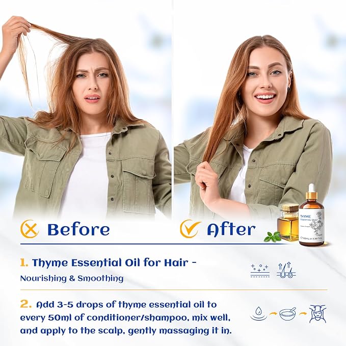HIQILI 3.38 Fl Oz Thyme Essential Oil for Hair, Skin, Diffuser, Aromatherapy, Includes 10ML Travel Bottle - 100ML