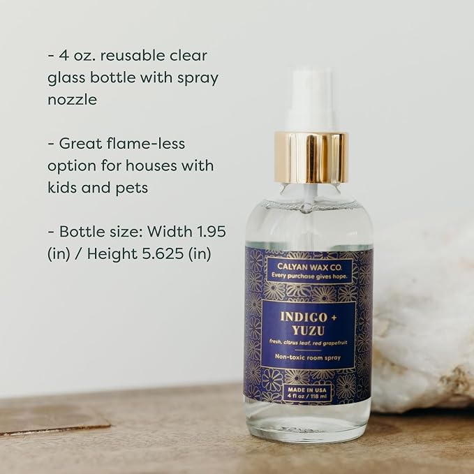 Calyan Wax Co. Indigo & Yuzu Room Spray - Clean Air Freshener - Natural Room Deodorizer - Air Freshener Spray for Home - 4 fl oz