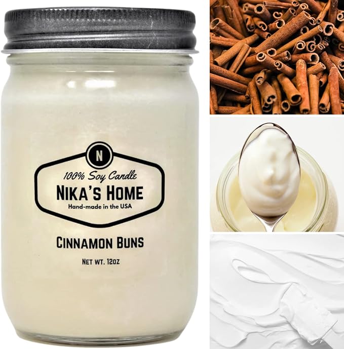 Nika's Home Cinnamon Buns Soy Candle - 12oz Mason Jar - Non-Toxic - Hand Poured in The USA, Long Burning 50-60 Hours Highly Scented All Natural, Clean Burning
