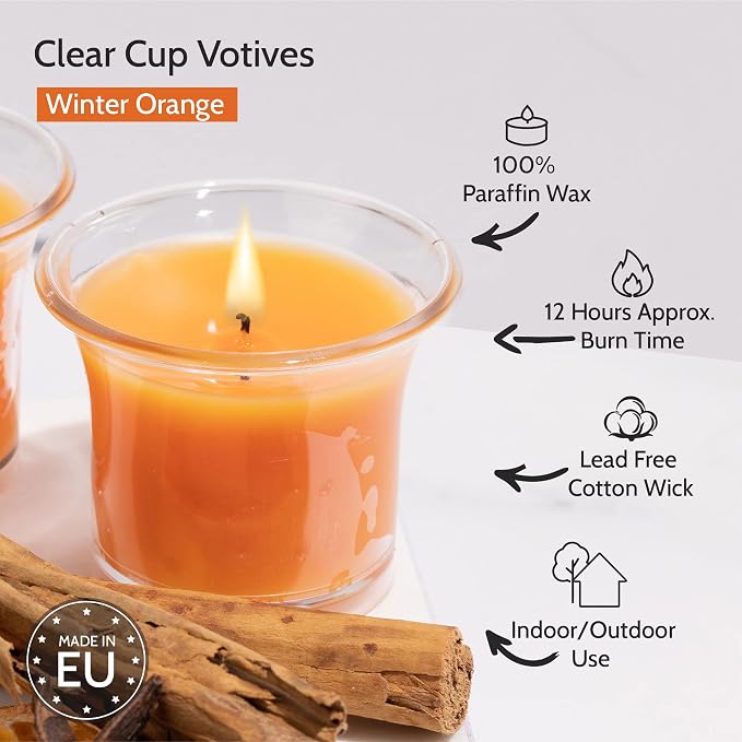 HYOOLA Clear Cup Scented Votive Candles - Winter Orange - 12 Hour Burn Time - 4 Pack - European Made