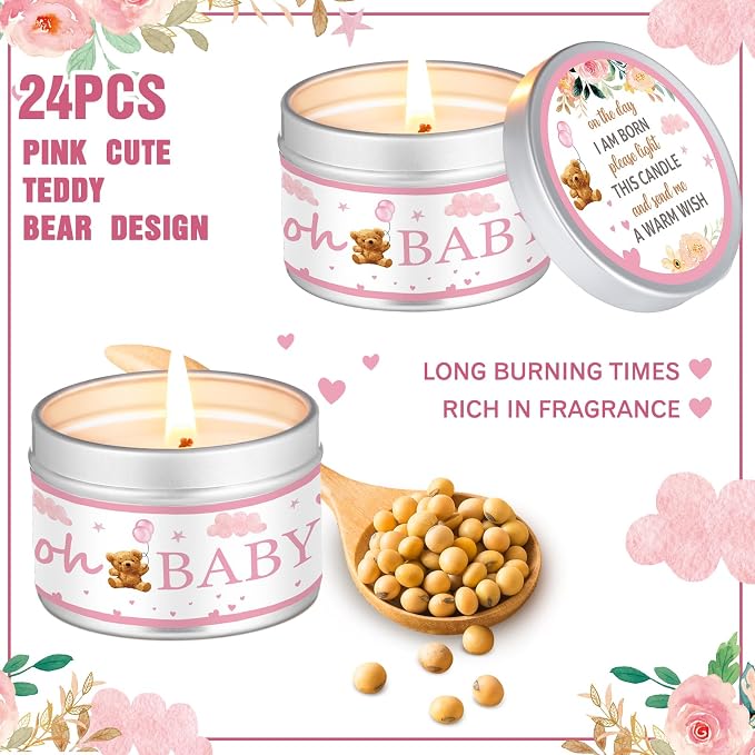 MTLEE 24 Pcs Bear Baby Shower Party Favors Candles Lavender Scented Baby Shower Favors for Guests Rustic Tealights Candles Gender Reveal Return Gifts (1.2 oz, Pink)
