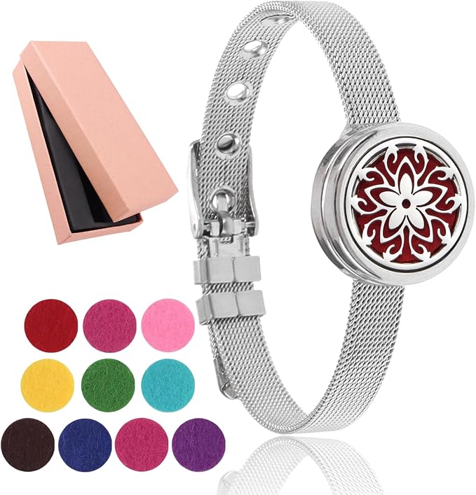 Essential Oil Diffuser Bracelet with Gift Box Aromatherapy Locket Adjustable Stainless Steel Flowers Watch Chain Bracelet with 10 Pcs Refill Pads for Women