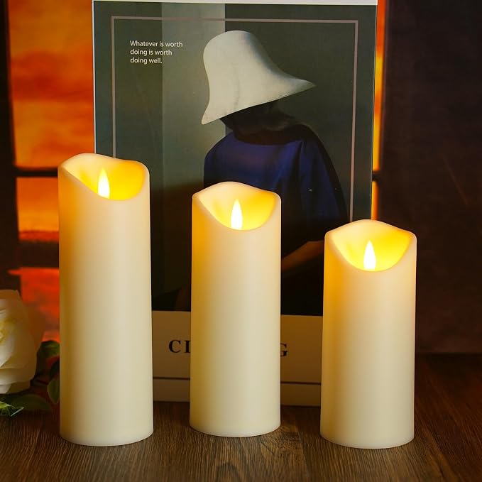 kakoya Flickering Flameless Candles, Battery Operated Acrylic LED Pillar Candles with Remote Control and Timer,Set of 9 (Ivory)