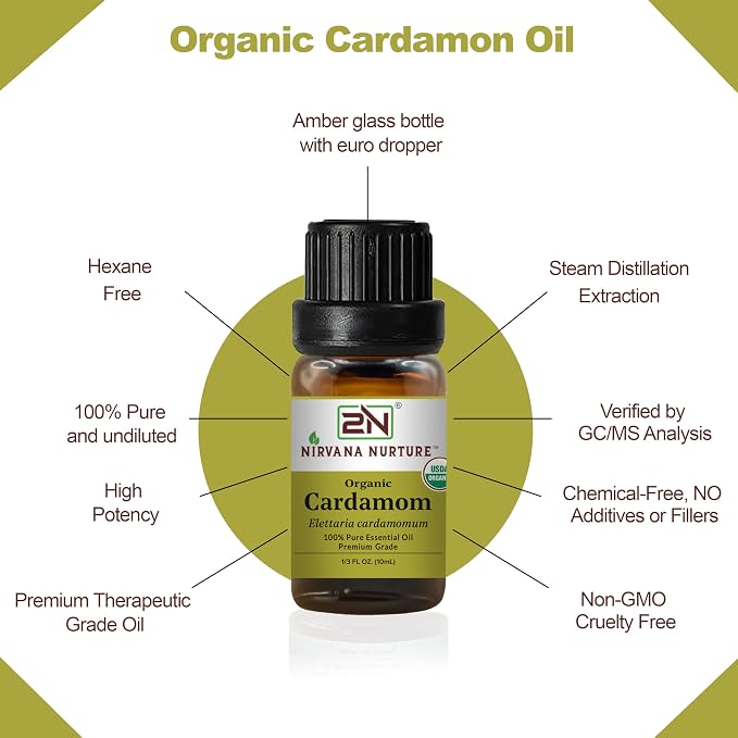 Cardamom Essential Oil, USDA Certified Organic, 100% Pure Undiluted, Aromatherapy Oil for Diffuser, Hair & Skin Care