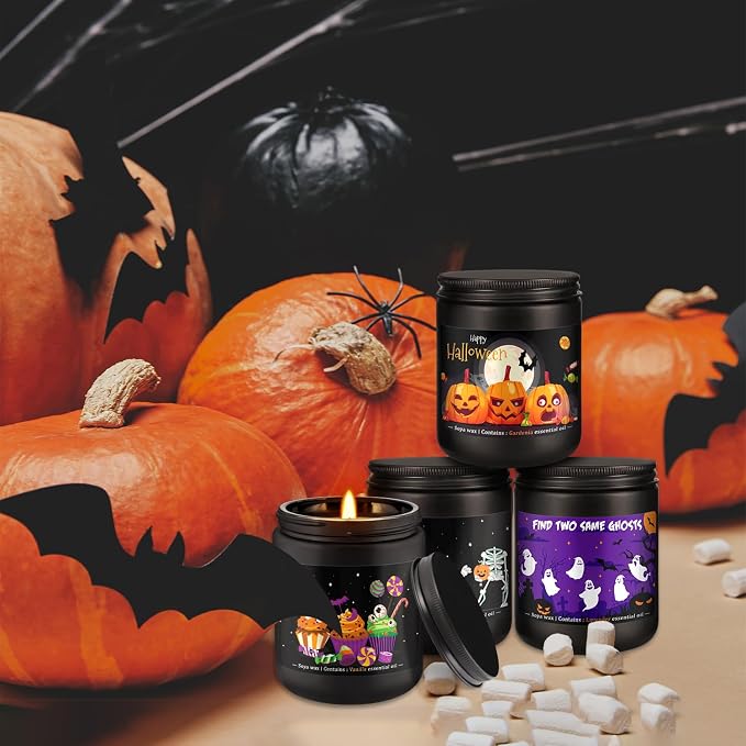Halloween Scented Candles Set of 4 (7oz Each) – Spooky Aromatherapy Soy Wax Candles with Bat & Ghost Designs, Smokeless for All Saints' Day, Home Decor & Festive Gifts