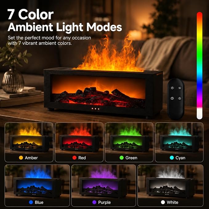 Essential Oil Diffuser, Fireplace Fire Flame Aromatherapy Diffuser, 150ml Ultrasonic CoolMist Humidifier, Scent Aroma Diffuser with 7Colors Light. Timer & Auto-Off for Home