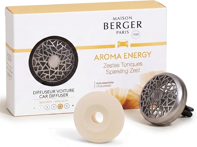 MAISON BERGER Car Diffuser Set, Aroma Energy | Grapefruit Orange Zest Notes, Refillable Vent Clip, 4-Week Passive Diffusion