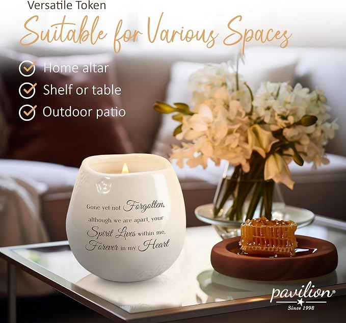 Pavilion - 8 Oz Candle Holder - White Ceramic Candle Jar with 100% Soy Wax Candle Tranquility Scent Gone Yet Not Forgotten Ideal Remembrance Gift for Love One Who Passed - Printed Text & Love Theme